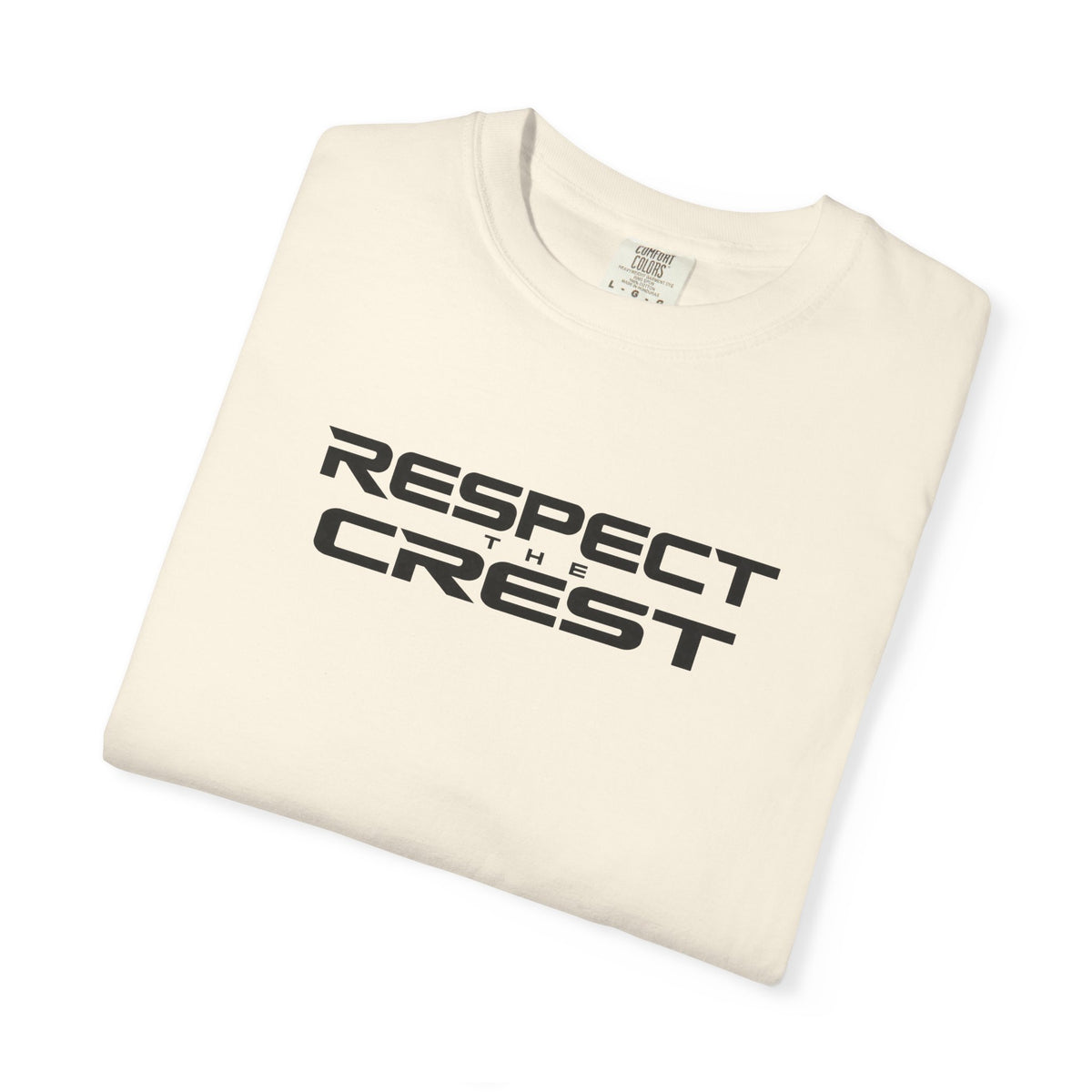Ivory crew-neck T-shirt with large black “Respect the Crest” logo