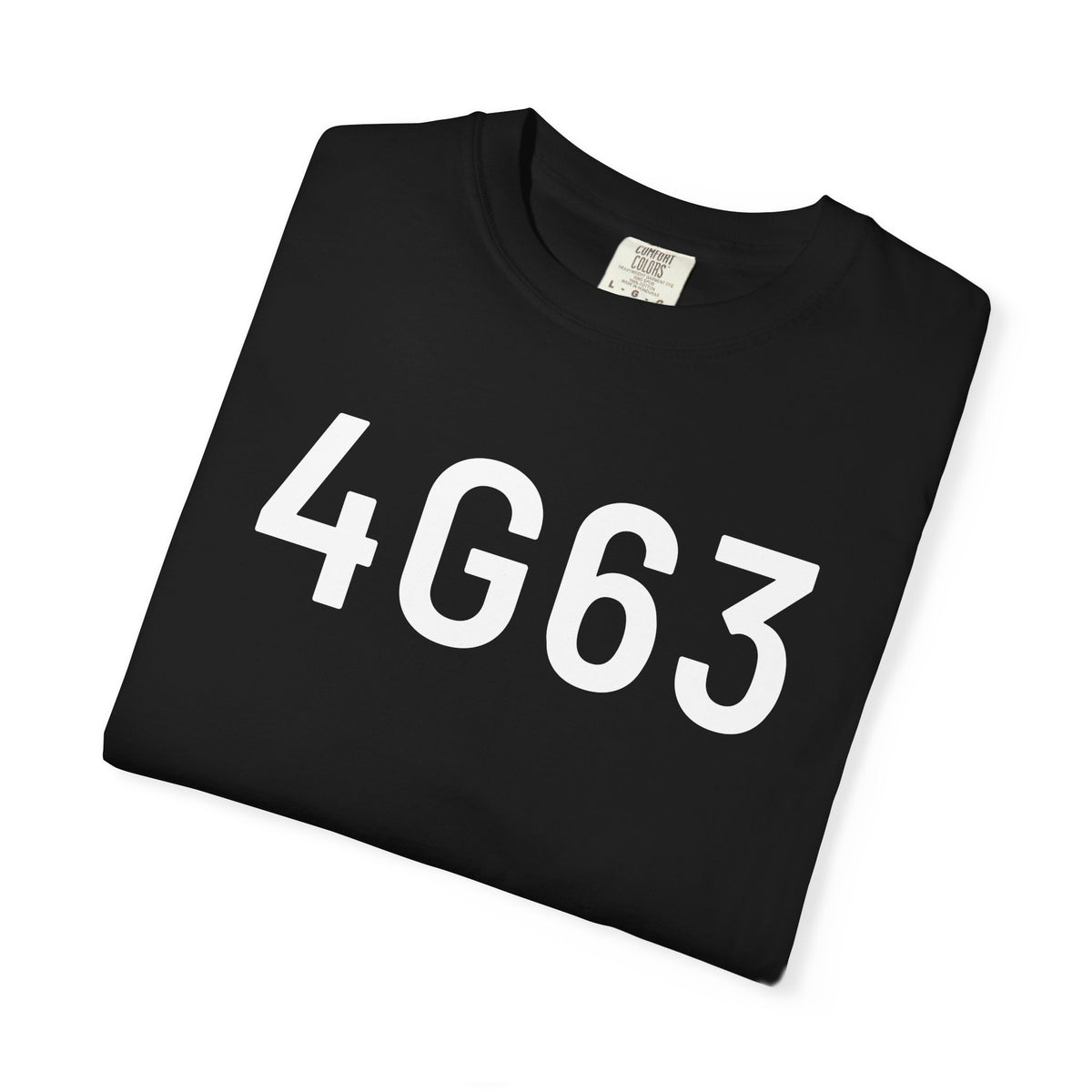 Black crew-neck t-shirt with large white 4G63 graphic on the chest