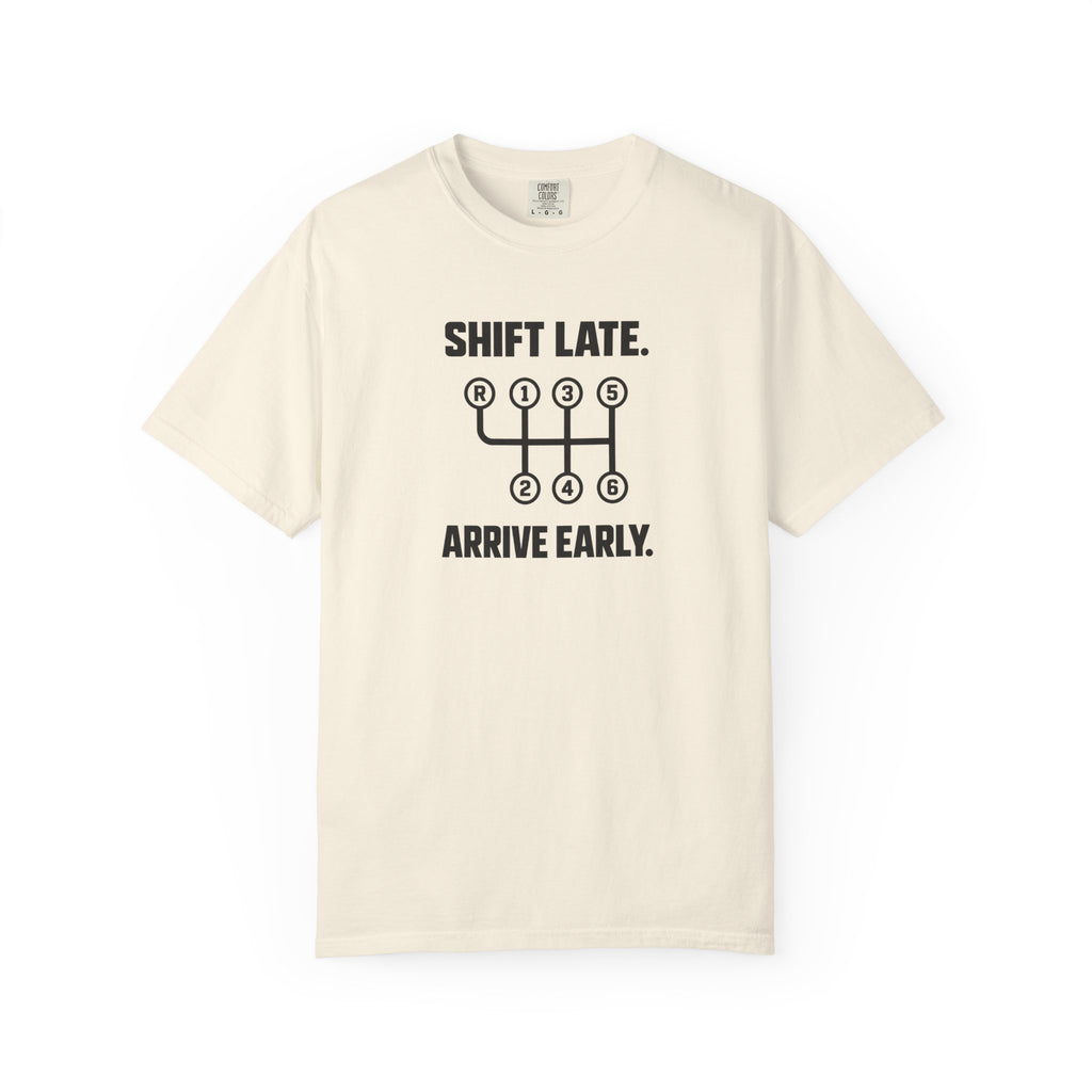 Ivory T-shirt with front graphic text and arrow icon