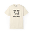 Ivory T-shirt with front graphic text and arrow icon