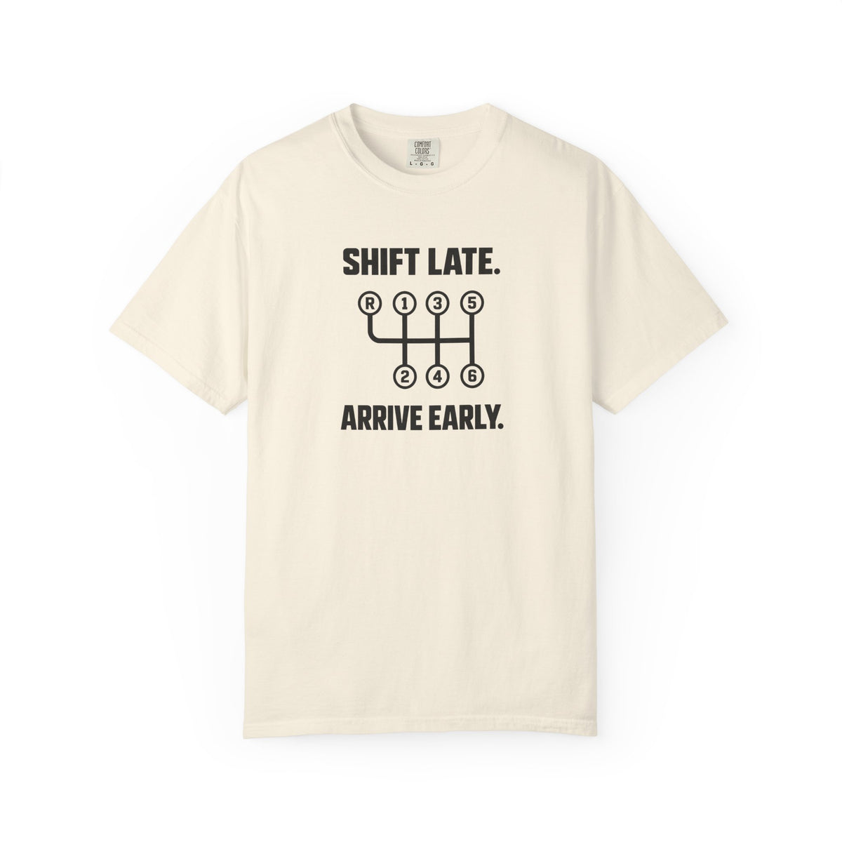 Ivory T-shirt with front graphic text and arrow icon