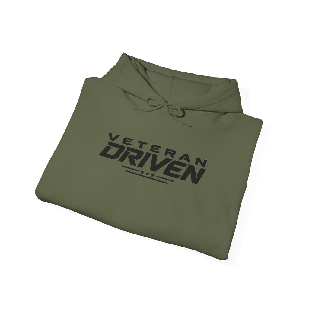 Military green folded hoodie with Veteran Driven logo and hood drawstrings