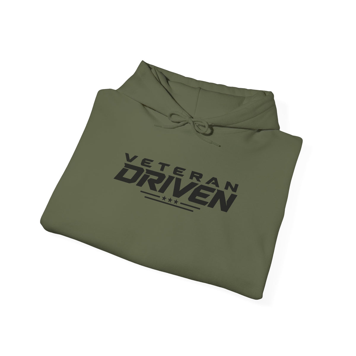 Military green folded hoodie with Veteran Driven logo and hood drawstrings