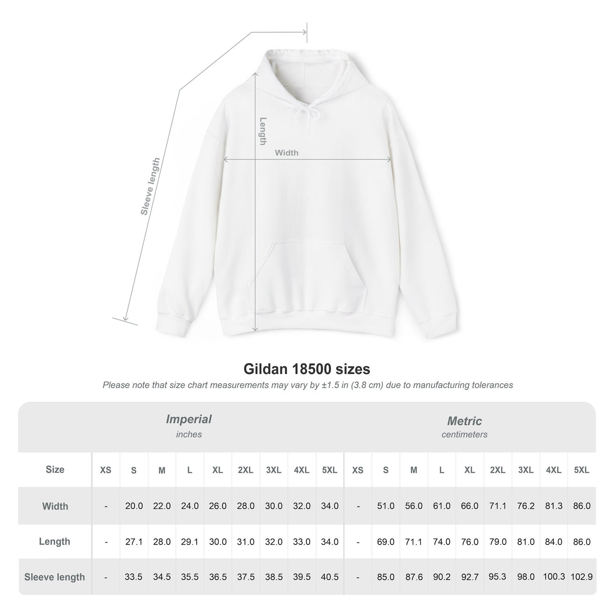 Hoodie size chart showing measurements for width, length, and sleeve length