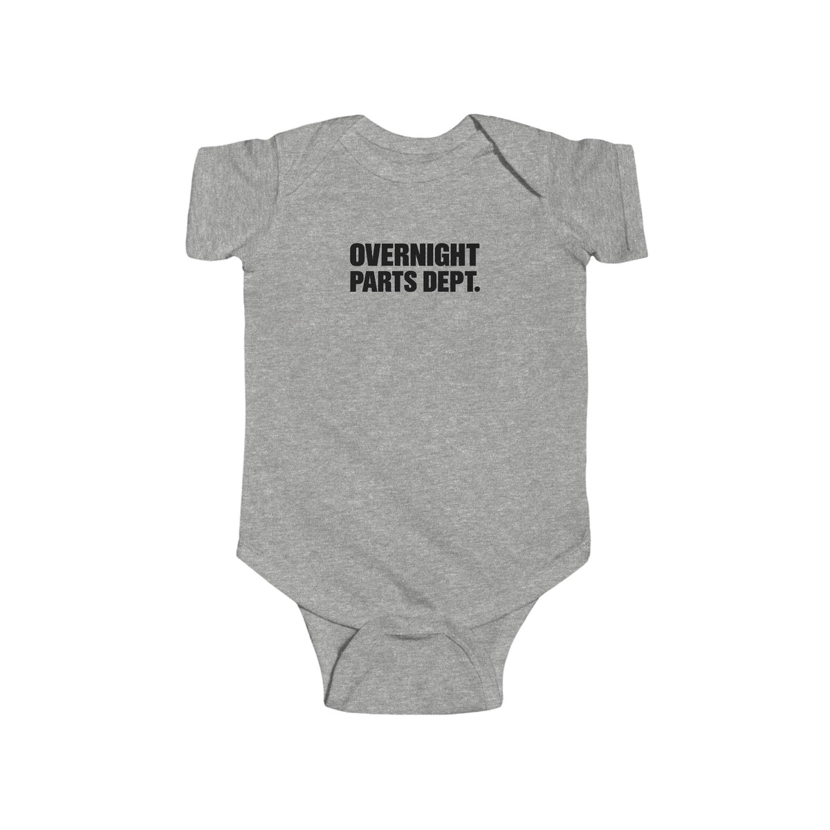 Heather gray baby bodysuit with short sleeves and front text print