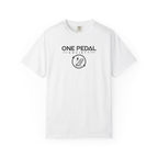 White EV T-shirt with small chest One Pedal Society logo