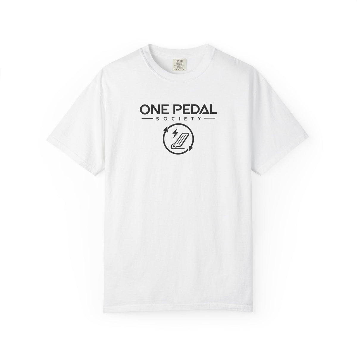 White EV T-shirt with small chest One Pedal Society logo