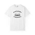 White crew-neck T-shirt with “Car Wash Therapy” car graphic on the front