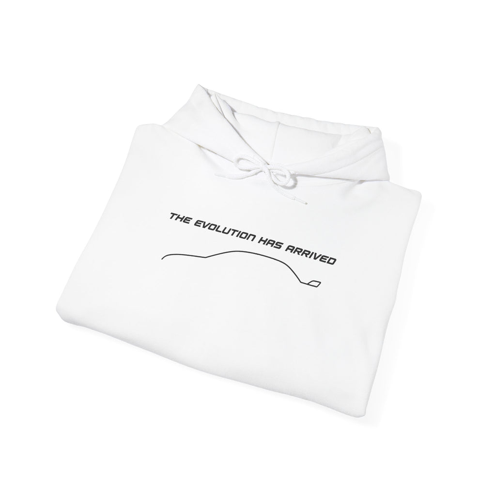 White hoodie folded flat with drawstring hood and front logo graphic.