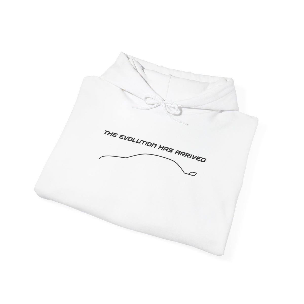 White hoodie folded flat with drawstring hood and front logo graphic.