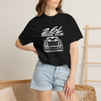 Black crew-neck T-shirt worn by model; front shows 2.6L Social Club car logo