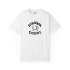 White crewneck T-shirt with bold black “CAR WASH THERAPY” graphic center chest