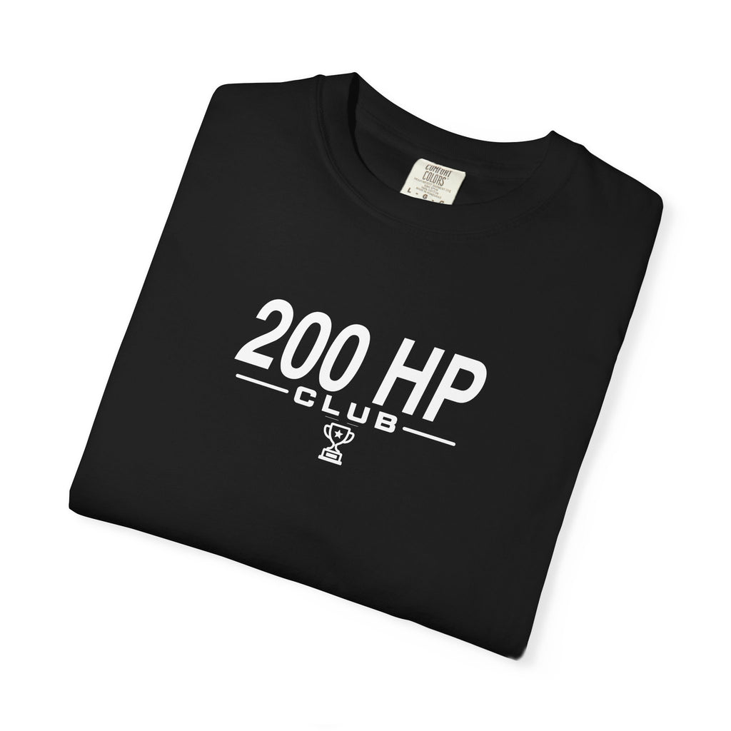 Black 200 HP Club T-shirt front with logo print and visible neck tag
