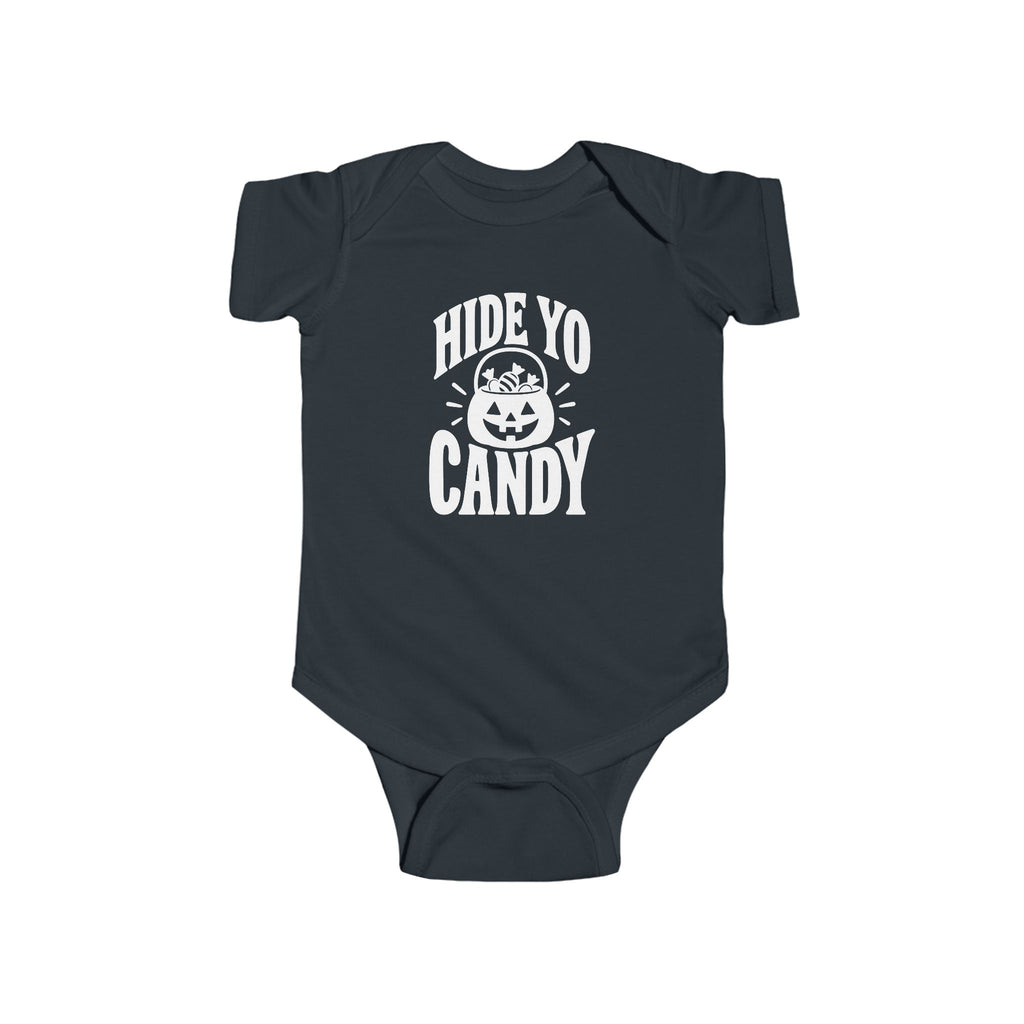 Dark charcoal kids graphic baby bodysuit with 'Hide Yo Candy' pumpkin logo