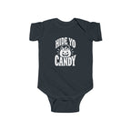 Dark charcoal kids graphic baby bodysuit with 'Hide Yo Candy' pumpkin logo