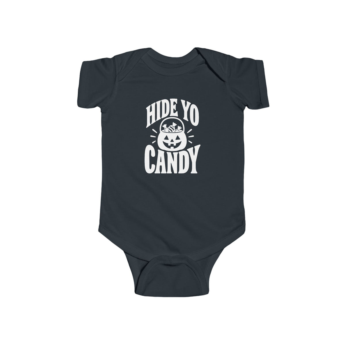 Dark charcoal kids graphic baby bodysuit with 'Hide Yo Candy' pumpkin logo