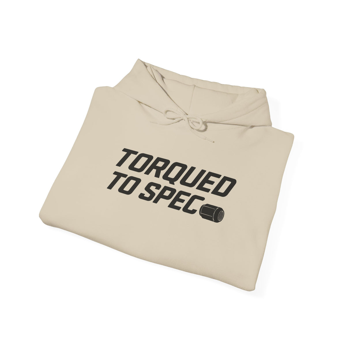 Sand folded hoodie with TORQUED TO SPEC logo print and drawstring hood