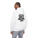 White pullover hoodie, back graphic text print centered