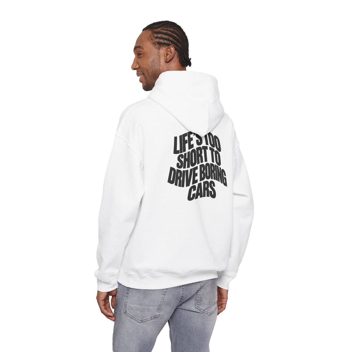 White pullover hoodie, back graphic text print centered