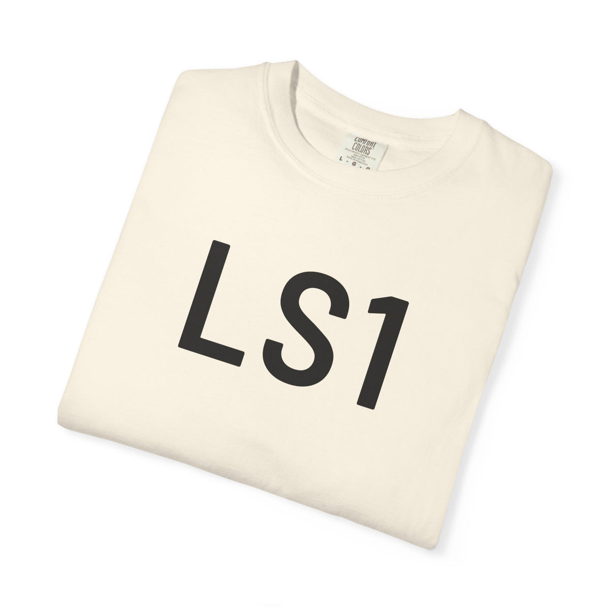 Ivory T-shirt with black “LS1” logo print on the front