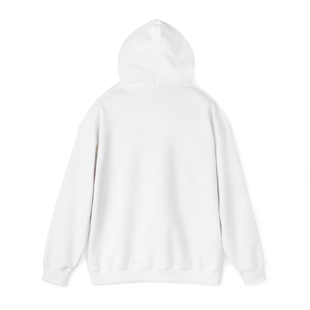 White hoodie with drawstring hood, rear view with full back coverage.