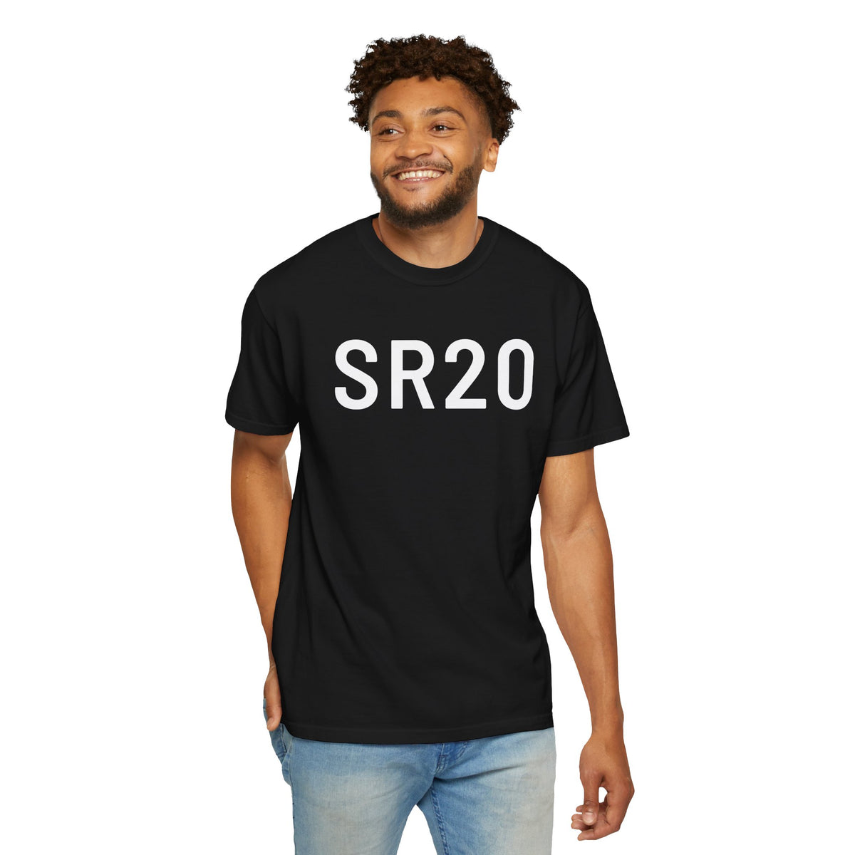 Black SR20 graphic T-shirt on model, crew neck and short sleeves