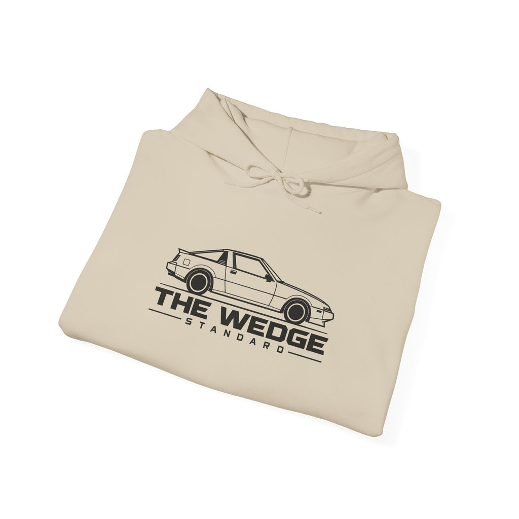 Sand JDM hoodie with The Wedge Standard car logo graphic and drawstring hood