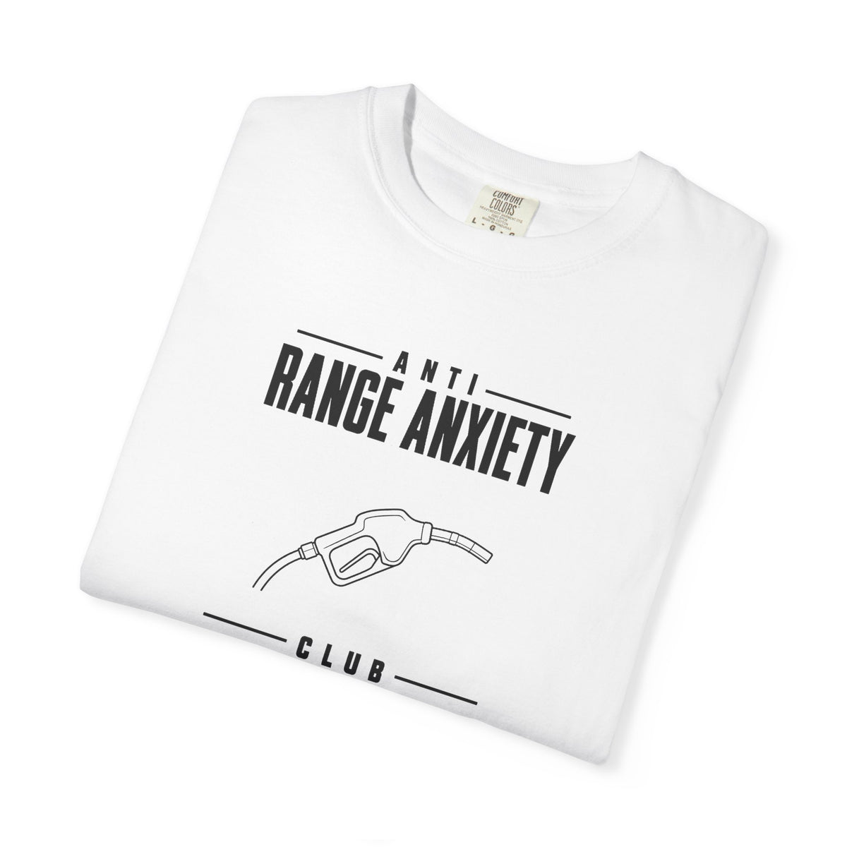 White crew-neck T-shirt with "ANTI RANGE ANXIETY" text and hand graphic front print