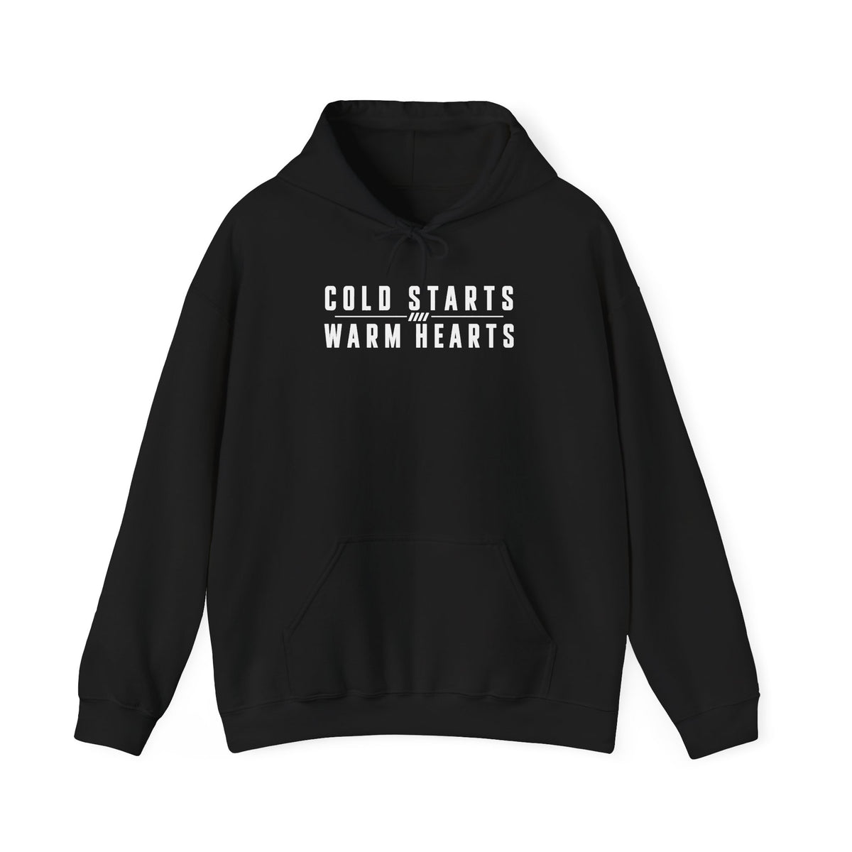 Black pullover hoodie with front pocket, drawstring hood, and “COLD STARTS WARM HEARTS” text.