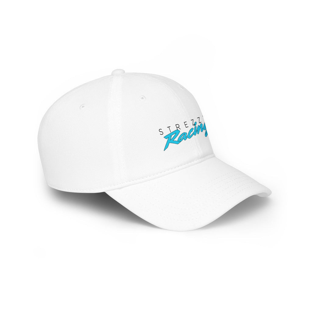 White racing cap side profile with STREZZY Racing logo