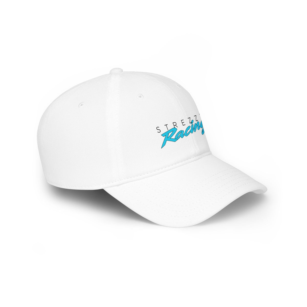 White racing cap side profile with STREZZY Racing logo