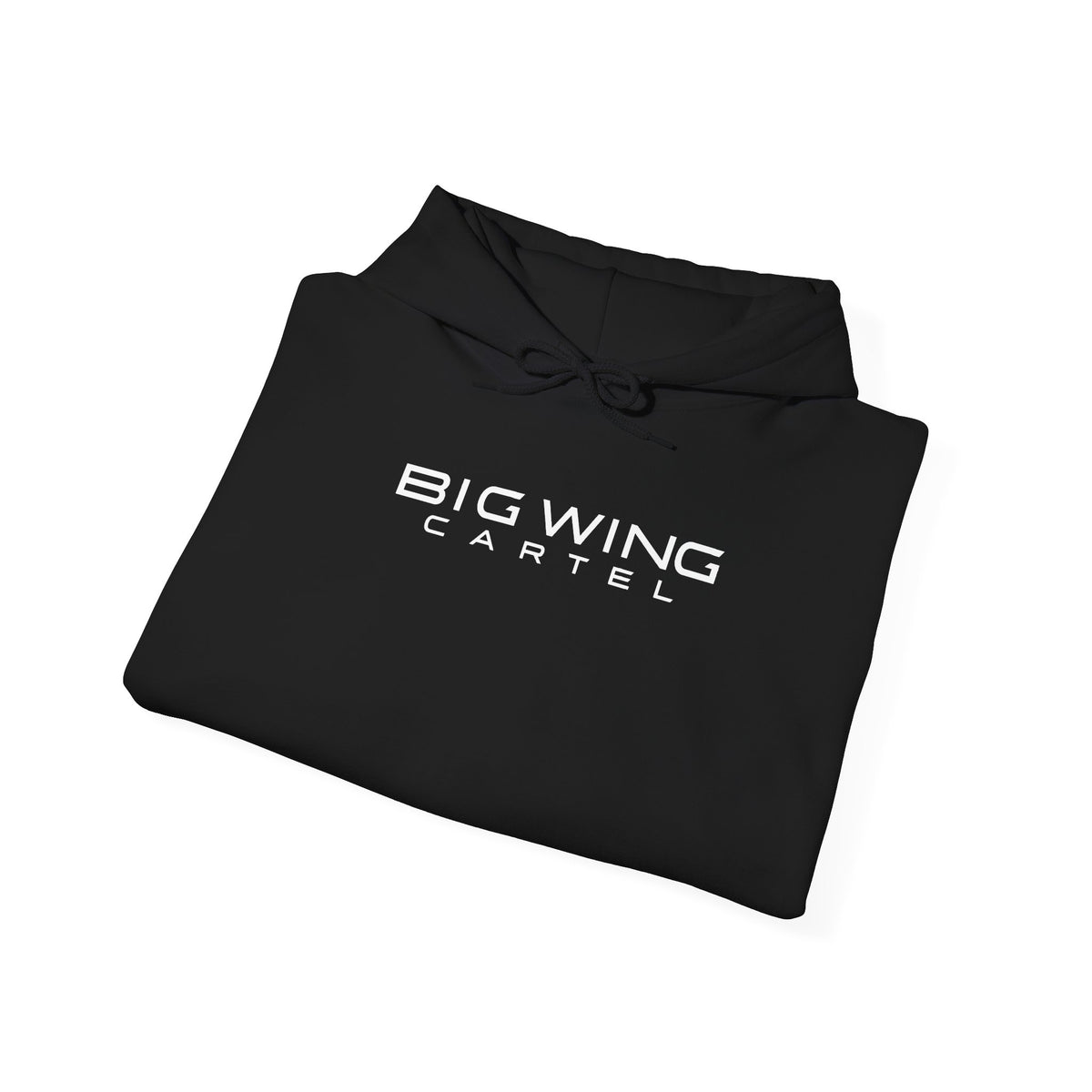 Black hoodie with Big Wing Cartel graphic on the chest, drawstring hood