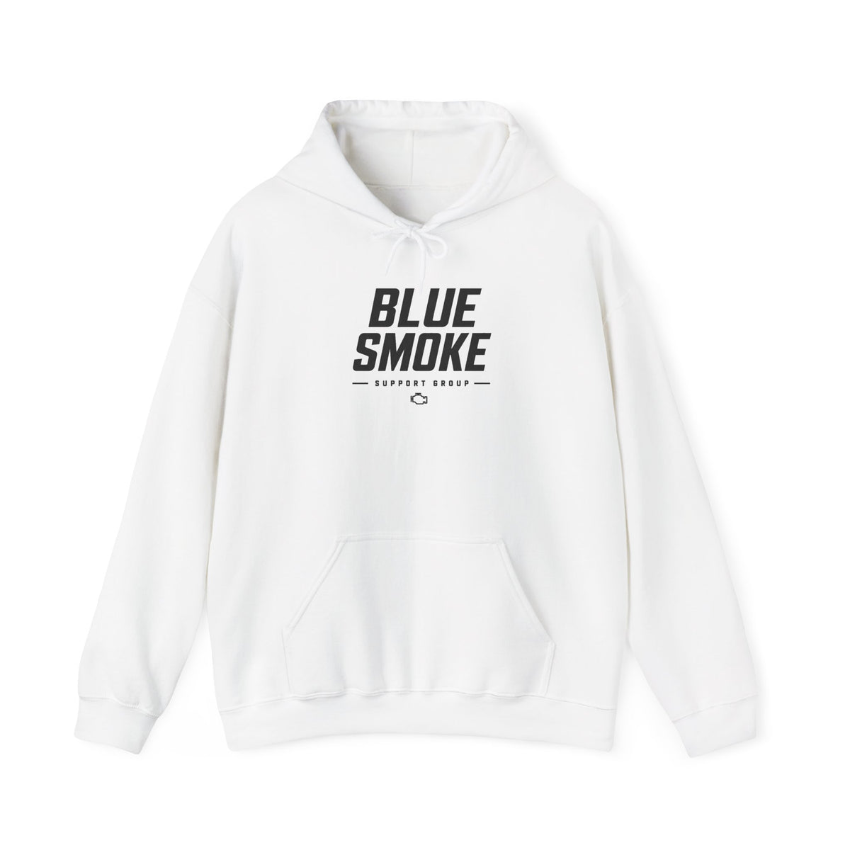 White hoodie with pouch pocket, drawstring hood, and 'BLUE SMOKE' logo on chest