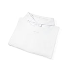 White folded pullover hoodie with drawstring hood and small chest logo