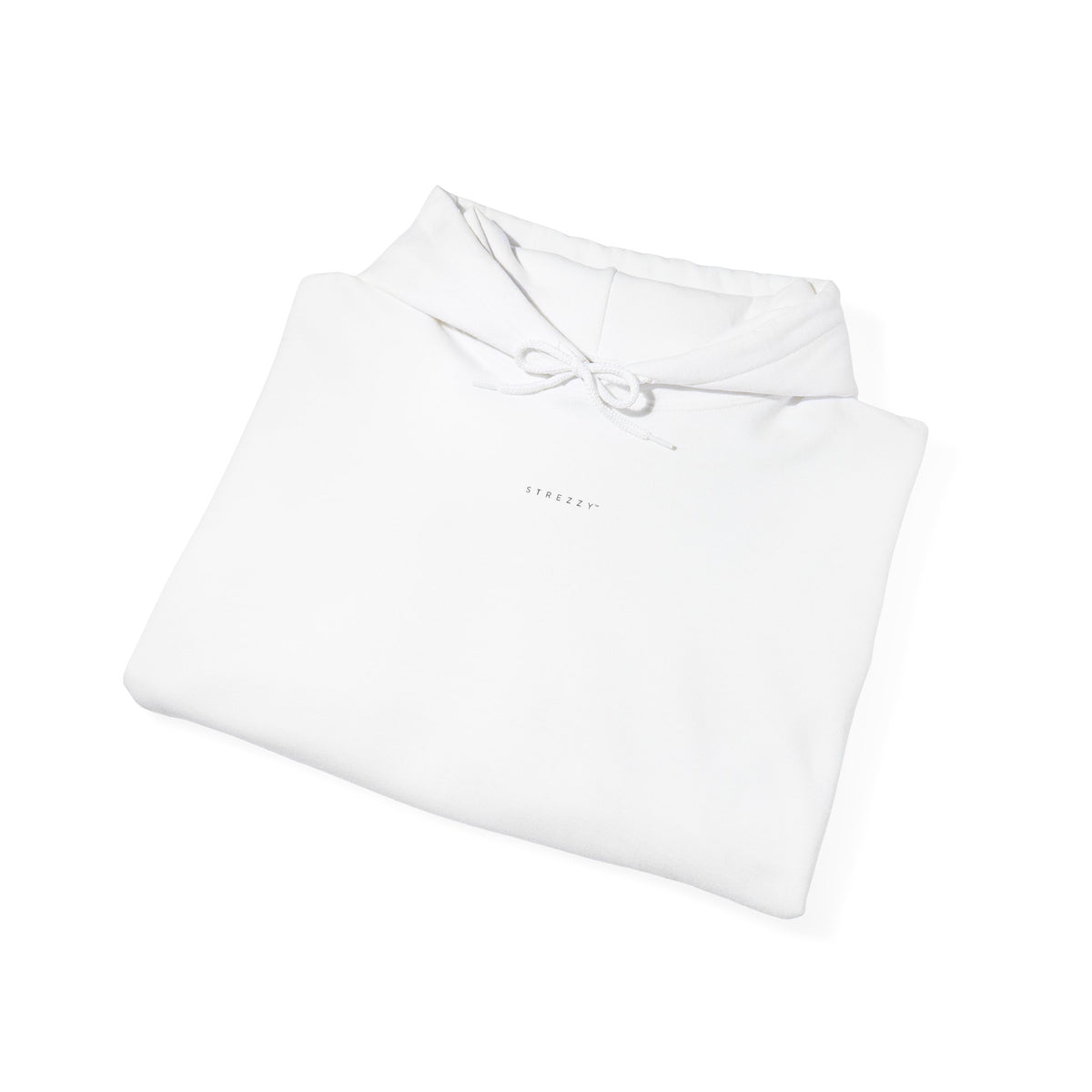 White folded pullover hoodie with drawstring hood and small chest logo