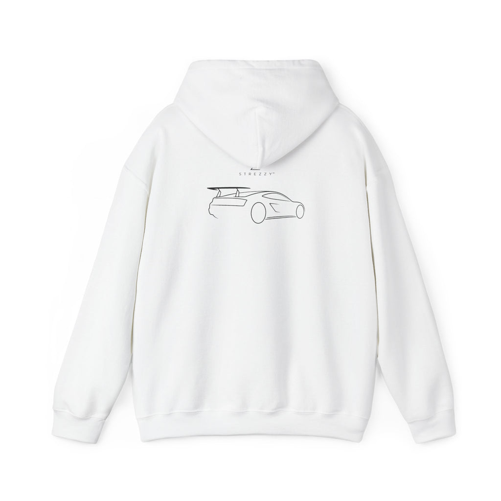 White hoodie with car line-art graphic on the back, pullover hood and cuffs