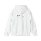 White hoodie with car line-art graphic on the back, pullover hood and cuffs