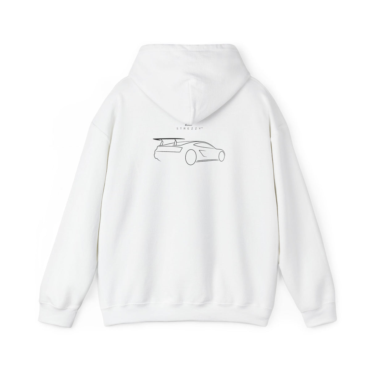 White hoodie with car line-art graphic on the back, pullover hood and cuffs