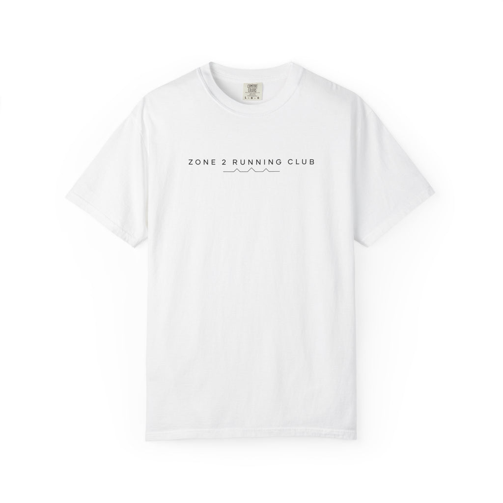 White crewneck T-shirt with small “ZONE 2 RUNNING CLUB” chest logo