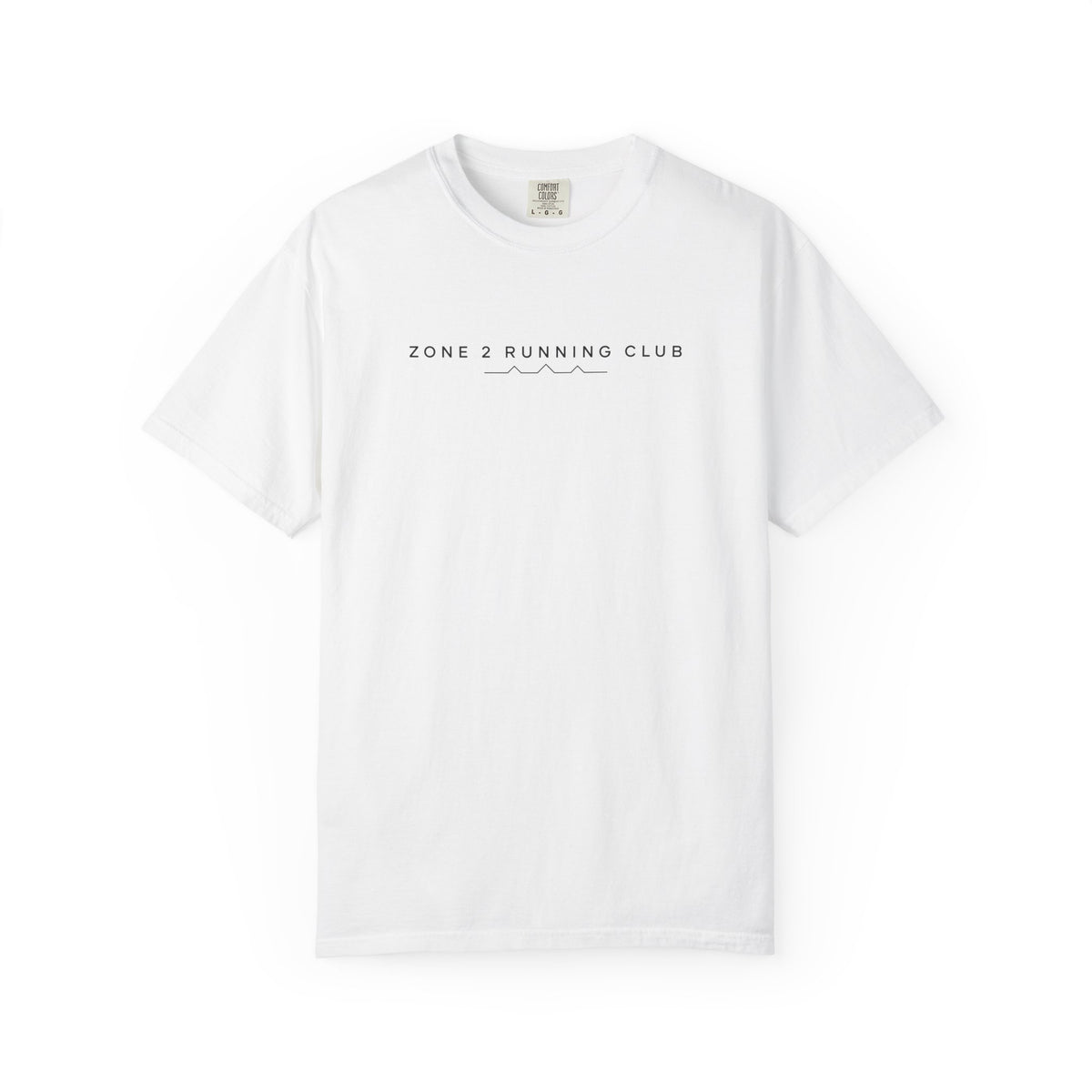 White crewneck T-shirt with small “ZONE 2 RUNNING CLUB” chest logo