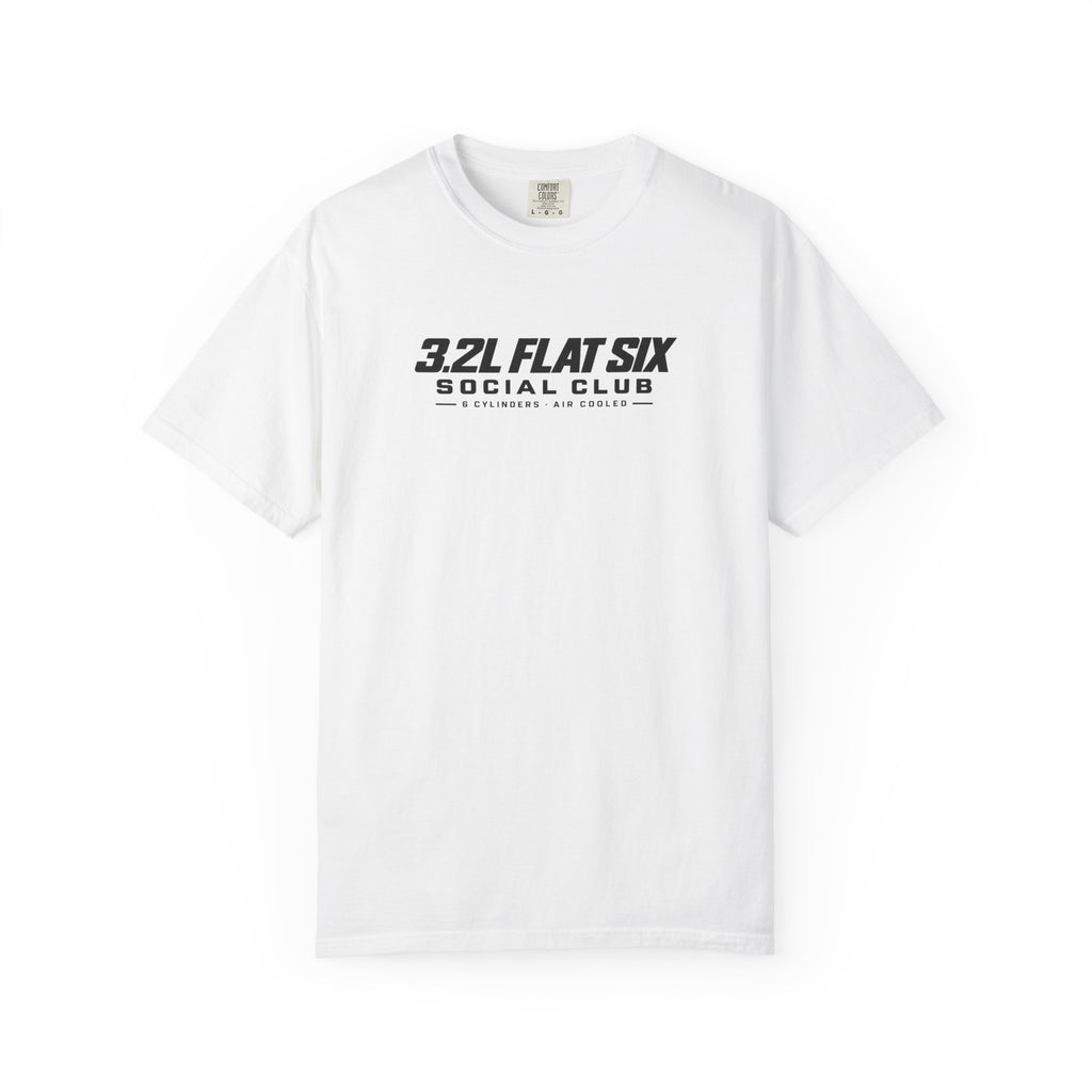 White crewneck T-shirt with front "3.2L Flat Six Social Club" graphic