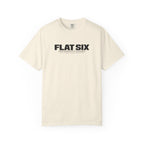 Ivory crew-neck T-shirt with Flat Six logo graphic on the chest.