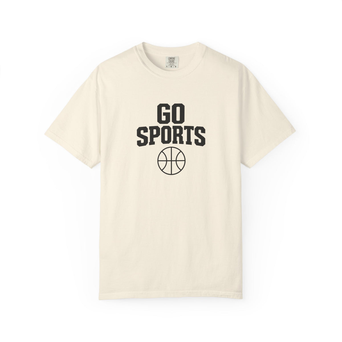 Ivory basketball T-shirt with black “Go Sports” logo on front