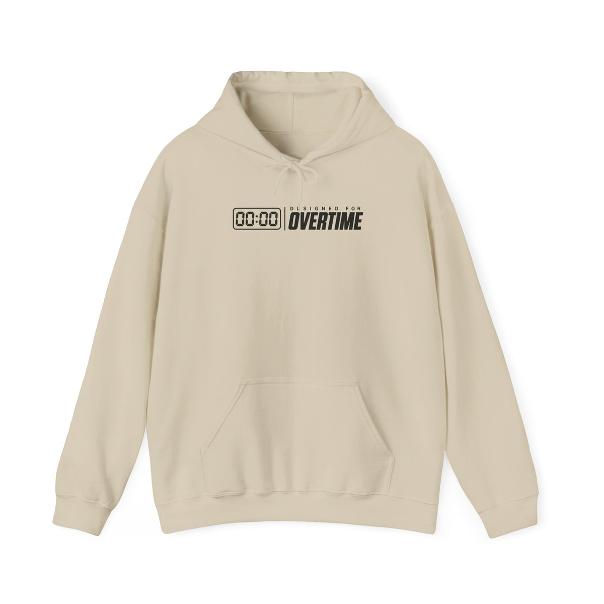 Sand hoodie with front pocket and drawstring hood, featuring digital time and OVERTIME logo.