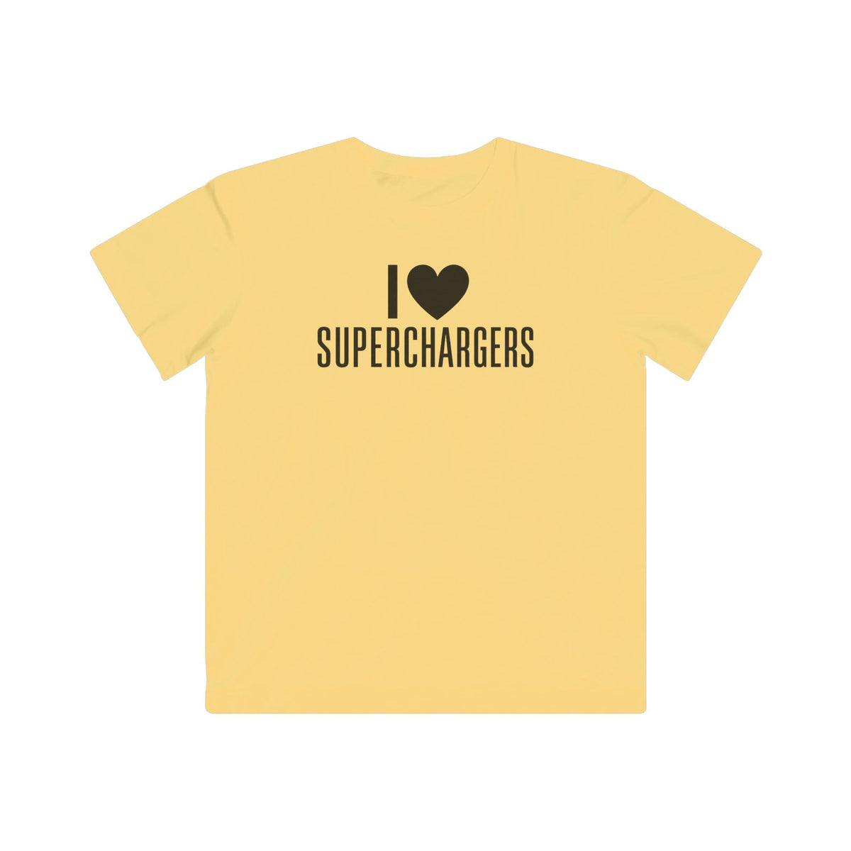 Kids butter yellow T-shirt with I ♥ Superchargers graphic on chest
