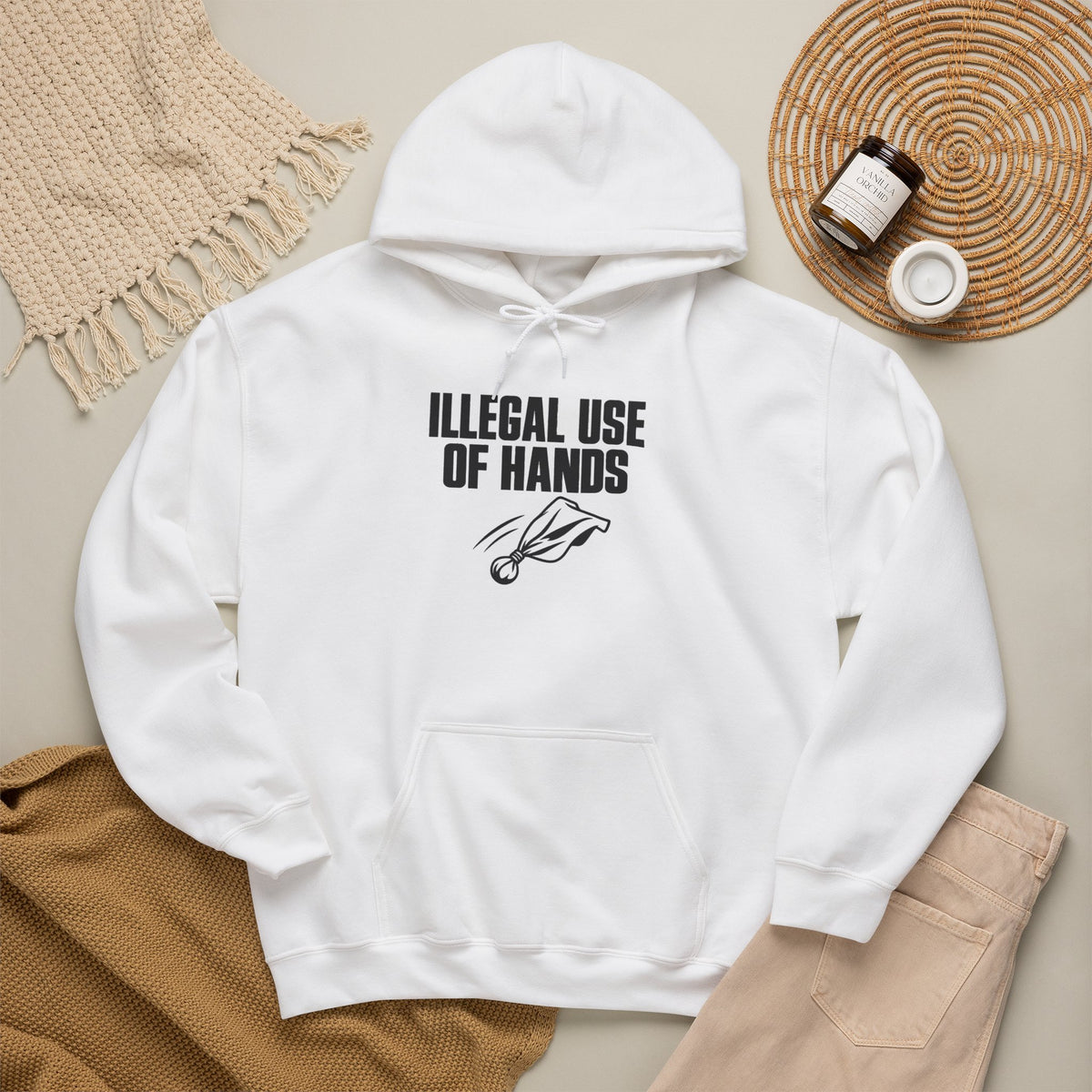 White football penalty hoodie with “ILLEGAL USE OF HANDS” front graphic and hood