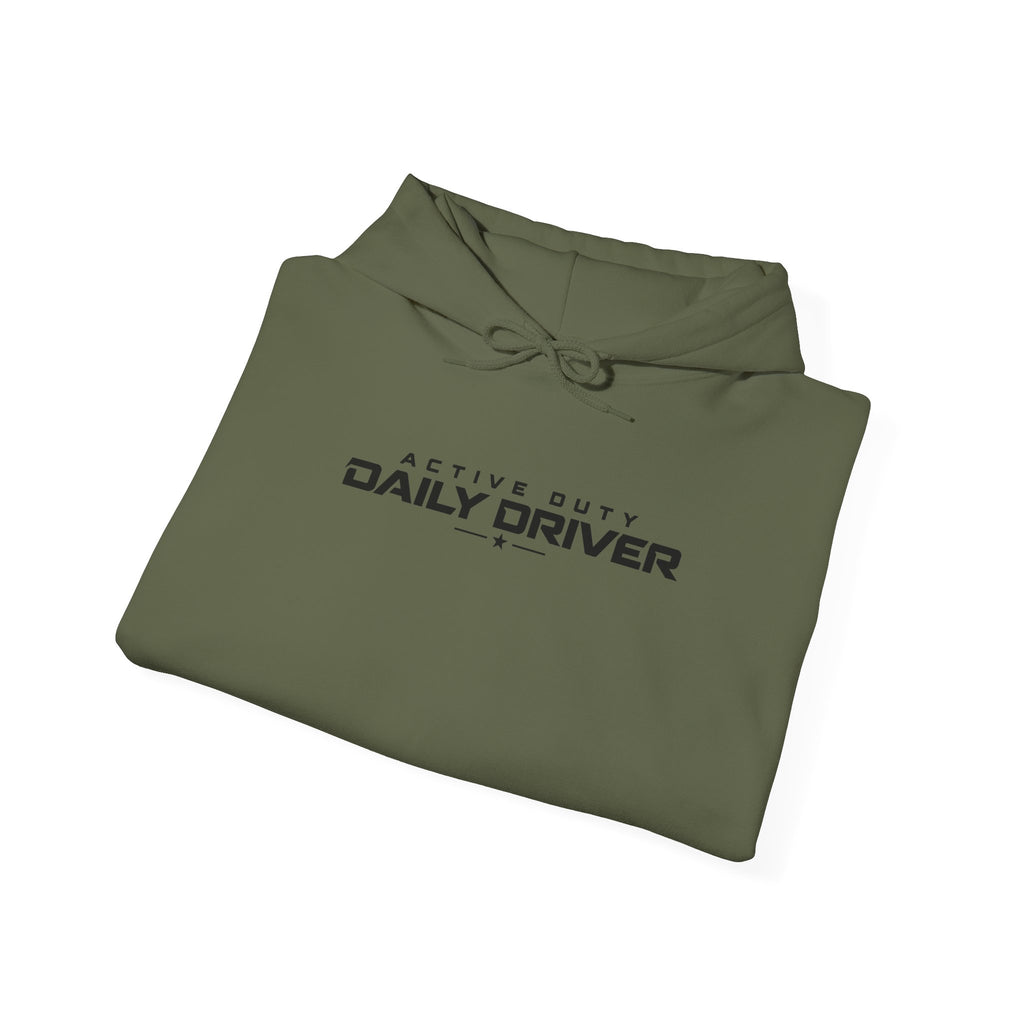 Military green hoodie, front view with “Active Duty Daily Driver” logo and drawstring hood