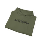Military green hoodie, front view with “Active Duty Daily Driver” logo and drawstring hood