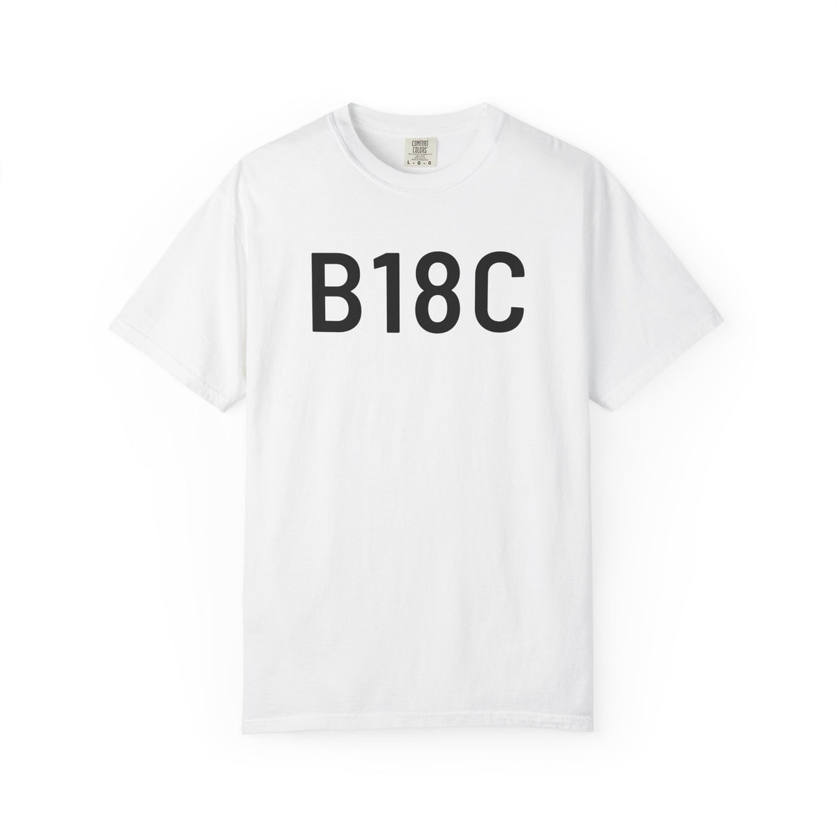 White graphic T-shirt with large black “B18C” print on the chest