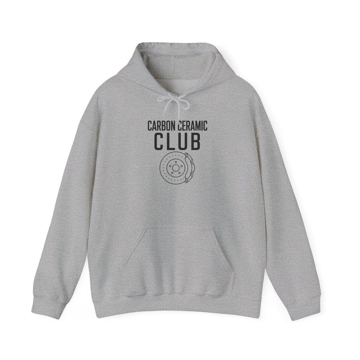 Light gray hoodie with kangaroo pocket, drawstring hood, and front graphic print.